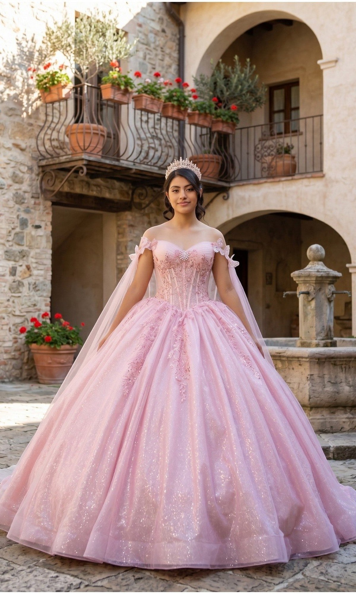 A young woman in the Quinceanera Dress 8270J By Cinderella Couture in shimmering rosegold tulle, adorned with 3D floral appliques and a sparkling tiara, stands in a stone courtyard filled with potted flowers and surrounded by elegant arched balconies.